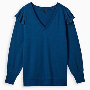 Torrid Blue Lightweight French Terry V-Neck Ruffle Shoulder Sweatshirt Sweater 3